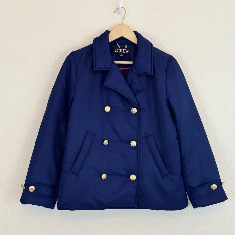 J.Crew Double Breasted Peacoat S Primaloft Puffer Blue Gold Buttons Pockets‎ - Picture 2 of 16